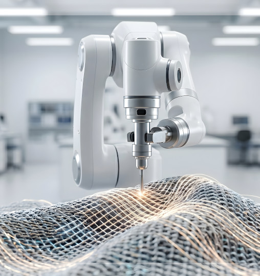 Robotic manipulator arm creating complex fiber structure for textile engineering inside modern laboratory.